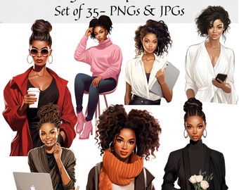 Black Women Clipart - Set of 35, Planner Girl Clipart, Office Girl Clipart, Black Woman Lady Boss Clipart, Black Girl PNG, Black Girl Magic