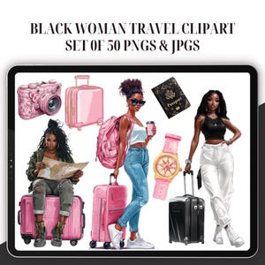 Clipart de voyage femme noire - lot de 50, fille noire en vacances, clipart fille voyageur, clipart femmes noires, afro-américain, voyage de filles png thumbnail