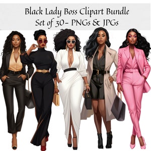 Black Women Lady Boss Doll Clipart - Set of 30, Office Girl Clipart, Black Women Clipart, Planner Clipart, PNG for Sticker/Planner/Print/POD