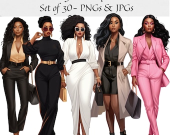 Black Women Lady Boss Doll Clipart - Set of 30, Office Girl Clipart, Black Women Clipart, Planner Clipart, PNG for Sticker/Planner/Print/POD