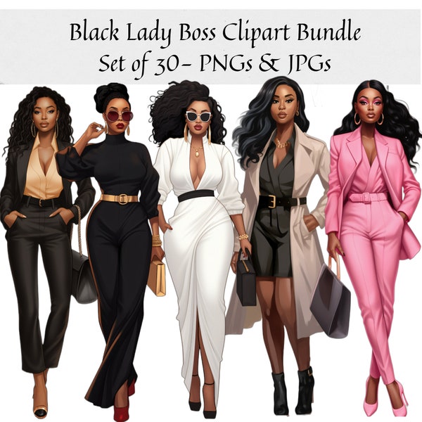 Black Women Lady Boss Doll Clipart - Set of 30, Office Girl Clipart, Black Women Clipart, Planner Clipart, PNG for Sticker/Planner/Print/POD