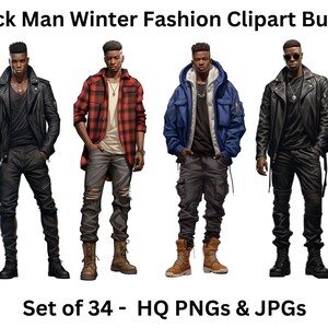 Black Men Winter Fashion Clipart- Set of 34 Black Men Clipart,Winter fashion Clipart, Black Men Clipart for Sticker/Planner/Print/CardMaking