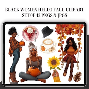Black Woman Fall Clipart - Set of 42, Cozy Fall Clipart, African American Clipart, Planner Girl Clipart, Hello Autumn PNG, Halloween VIbes
