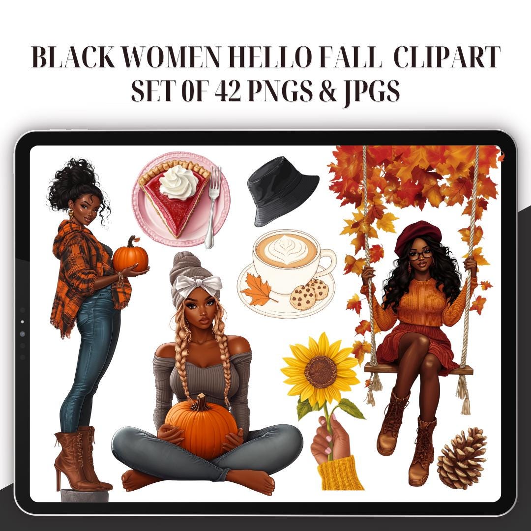 Black Woman Fall Clipart - Set of 42, Cozy Fall Clipart, African American Clipart, Planner Girl Clipart, Hello Autumn PNG, Halloween VIbes