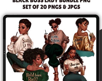 20 Black Boss Lady Bundle Png, Black Girl Boss Clipart, Black Woman Clipart, Black Boss Lady, Black Afro Lady PNG, Girl Boss Bundle PNG