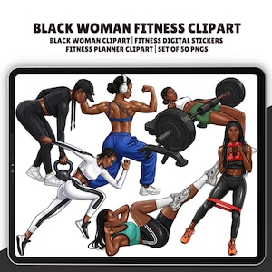 Pode incluir: Conjunto de cliparts digitais com ilustrações de mulheres negras envolvidas em várias atividades de fitness. As imagens incluem mulheres levantando pesos, usando faixas de resistência e fazendo exercícios. O texto na parte superior diz "BLACK WOMAN FITNESS CLIPART".