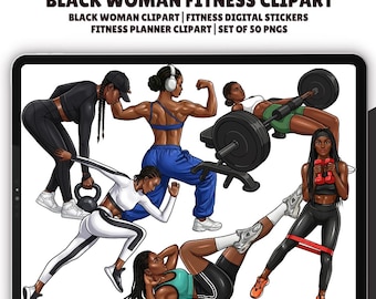 Black Woman Fitness Clipart, 50 pngs , Black Woman Clipart, Fitness Digital Stickers, Fitness Planner Clipart, Selfcare png, Black Girl Png