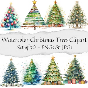 Watercolor Christmas Trees Clipart - Set of 70 Painted Tree Clipart Christmas Illustrations for Stickers/Planner/Scrapbook/PaperCrafts/Print