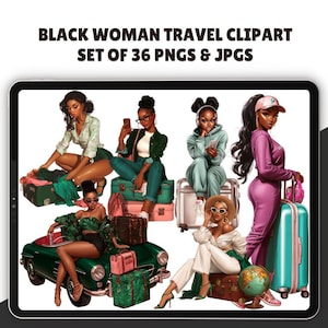 Black Woman Travel Clipart Set | 36 PNG | African American Vacation Graphics | girls trip png | Commercial Use | traveler clipart
