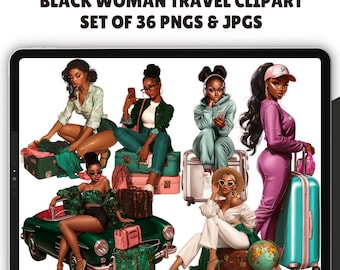 Black Woman Travel Clipart Set | 36 PNG | African American Vacation Graphics | girls trip png | Commercial Use | traveler clipart