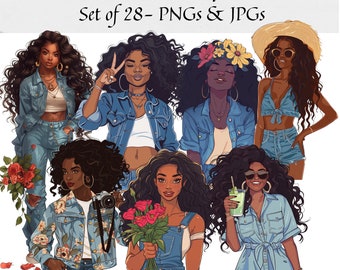 Denim girl Clipart - Set of 28, Black girl magic, Black Women Clipart, Spring fashion, Fashion Girl PNG, African American, afro girl clipart