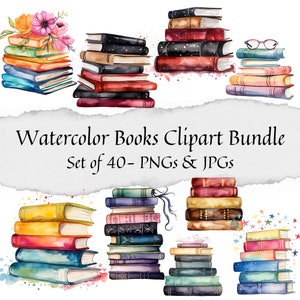 Aquarell Bücher Clipart - 40er Set | Buch Clipart | Lesen, Lernen Illustrationen,| Bücherstapel für Sticker/Planer/Journals/Drucke