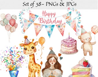 Watercolor Birthday Clipart - Set of 38 , Boho Birthday Clipart, Boho Baby Shower, Birthday PNG, Balloons, Birthday Cake, Planner clipart