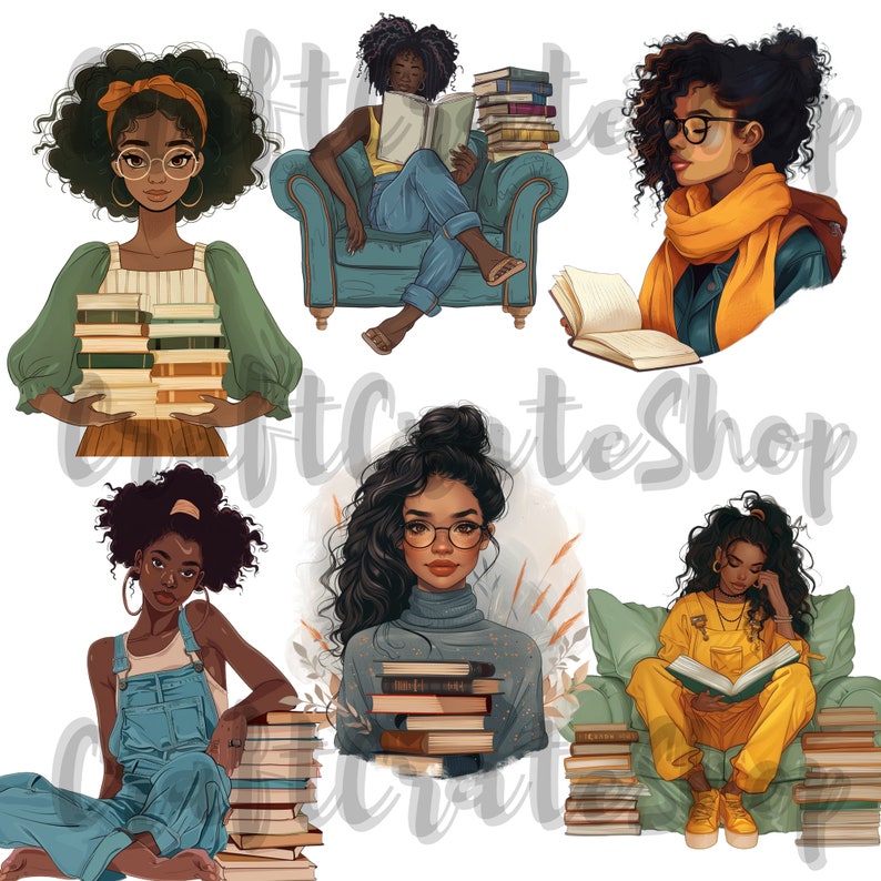 Book Lover Clipart - Set of 30, Black Woman Clipart, Books Clipart, Lady Boss Clipart, Black girl studying clipart, Bookworm clipart image 3
