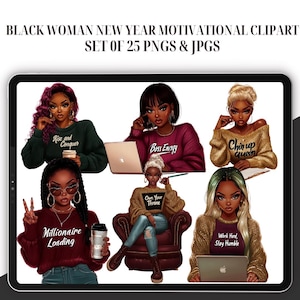 Zwarte vrouw motiverende clipart - set van 25, motiverende baas babe png, sterke afro vrouw, zelfliefde, girl power clipart, planner clipart
