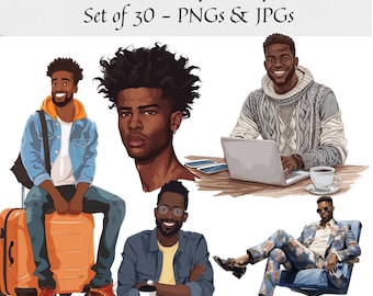 Clipart uomo nero - Set di 30, Clipart uomo afroamericano, Clipart uomo nero, Clipart uomo d'affari, Clipart moda