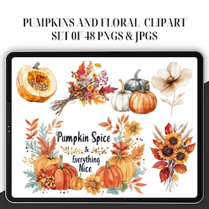 Autumn Pumpkins and Flowers Watercolor Clipart - Set of 48, Autumn Bouquets, Fall Pumpkin Clipart Bundle, Pumpkin PNG, Cozy Fall, floral png