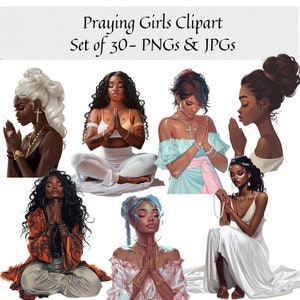 Betende Gläubige schwarze Mädchen Clipart - Set von 30, spirituelle schwarze Frau Magie Clipart, Aufkleber Planer, schwarze Frauen Clipart, religiöse Png