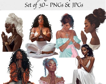 Creyentes orantes Black Girls Clipart - Conjunto de 30, Clipart Mágico de Mujer Negra Espiritual, Planificador de pegatinas, Clipart de Mujeres Negras, Png Religioso