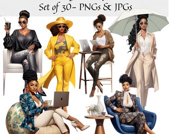 Black Lady Boss Clipart - Set of 30 Office Girl Clipart Black Woman Clipart Planner Clipart Summer fashion PNG, boss lady clipart