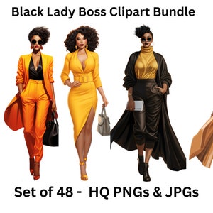 Black Lady Boss Clipart - Set of 48, Office Girl Clipart, Black Woman Clipart, Planner Clipart, Fashion PNG for Sticker/Planner/Print/POD
