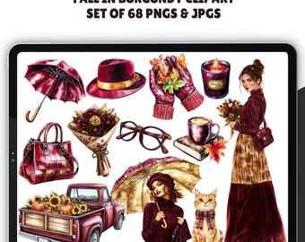 Watercolor Cozy Burgundy Fall Clipart, Autumn PNG, Artful Autumn, Autumnal Vibes, Fall Girls, Digital Stickers, Scrapbooking, Commercial Use