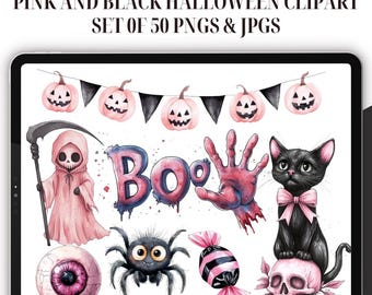Rosa e preto Halloween Clipart - 50, Doce Halloween Clipart, Rosa Halloween PNG, Halloween assustador, Pastel Aquarela Halloween PNG, Fantasma