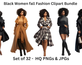 Fall Fashion Clipart - Set of 32, Black Girls Clipart, Autumn fashion clipart, Black Women Clipart for Sticker/Planner/Print/POD/Journal