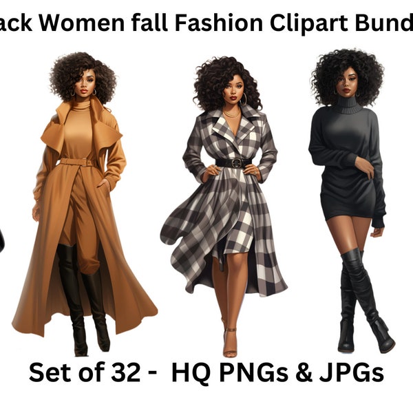 Fall Fashion Clipart - Set of 32, Black Girls Clipart, Autumn fashion clipart, Black Women Clipart for Sticker/Planner/Print/POD/Journal