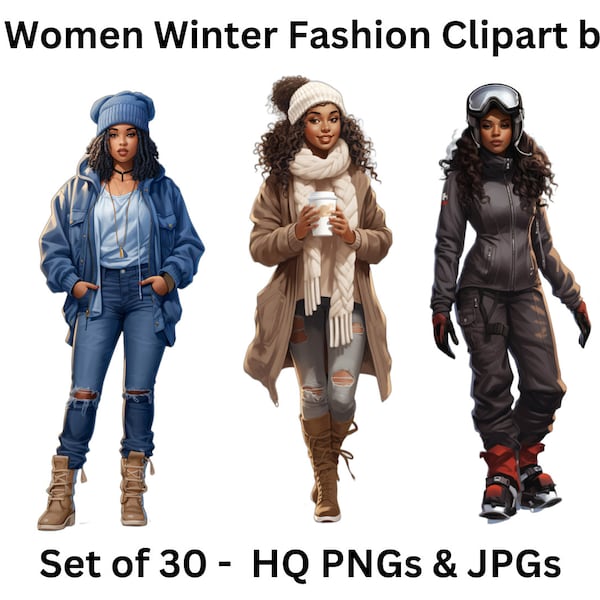 Black Girl Winter Fashion Doll Clipart- Set of 30, Black Girls Clipart, Winter fashion PNG,Black Women Clipart for Sticker/Planner/Print/POD