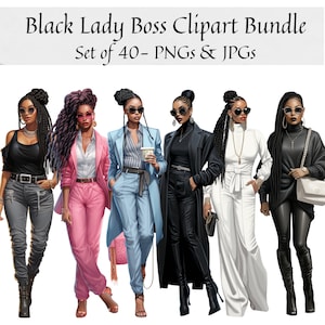 Black Women Lady Boss Doll Clipart - Set of 40, Office Girl Clipart, Black Women Clipart, Planner Clipart, Rich Girl Png, Success Girl Png
