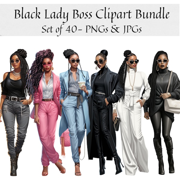 Schwarze Frauen Lady Boss Puppe Clipart - 40er Set, Office Girl Clipart, schwarze Frauen Clipart, Planer Clipart, Rich Girl Png, Erfolg Girl Png