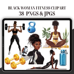 Black Woman Fitness Clipart - Set of 38, Black Woman Clipart, Fitness Digital Stickers, Fitness Planner Clipart, Selfcare png,Black Girl Png