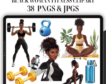 Black Woman Fitness Clipart - Set of 38, Black Woman Clipart, Fitness Digital Stickers, Fitness Planner Clipart, Selfcare png,Black Girl Png