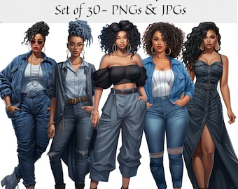 Denim girl clipart - Set of 46, Black Girl Fashion Clipart, Black Women Clipart, African American, Fashion Girl PNG Sticker/Planner/Journals