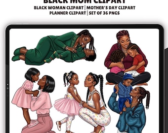 Mother’s Love Clipart - Set of 36, Black Mom clipart, Black Women Clipart, Mother Son Daughter PNG, Mother's Day Clipart, African American