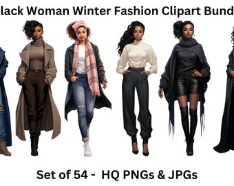 Black Girl Winter Fashion Doll Clipart- Set of 54 Black Girl Clipart,Winter fashion Png, Black Women Clipart for Sticker/Planner/Print