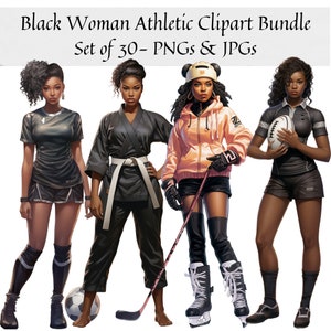 Black Woman Athletic Clipart - Set of 30, Black girl magic, Black Women Clipart, Planner Clipart, African American, Empowering afro girl PNG