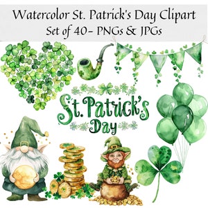 Op de afbeelding: Waterverf clipart set met St. Patrick's Day illustraties. De set bevat een hart gemaakt van klavertjesvier, een kabouter, een pijp, een pot met goud, ballonnen en een banner.