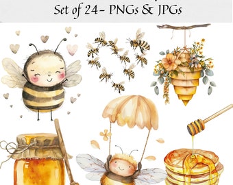 Watercolor Sweet Honey Bee Clipart - set of 24 Cute Bee Clipart Baby Bee PNG Baby Shower Clipart Bumble Bee summer clipart