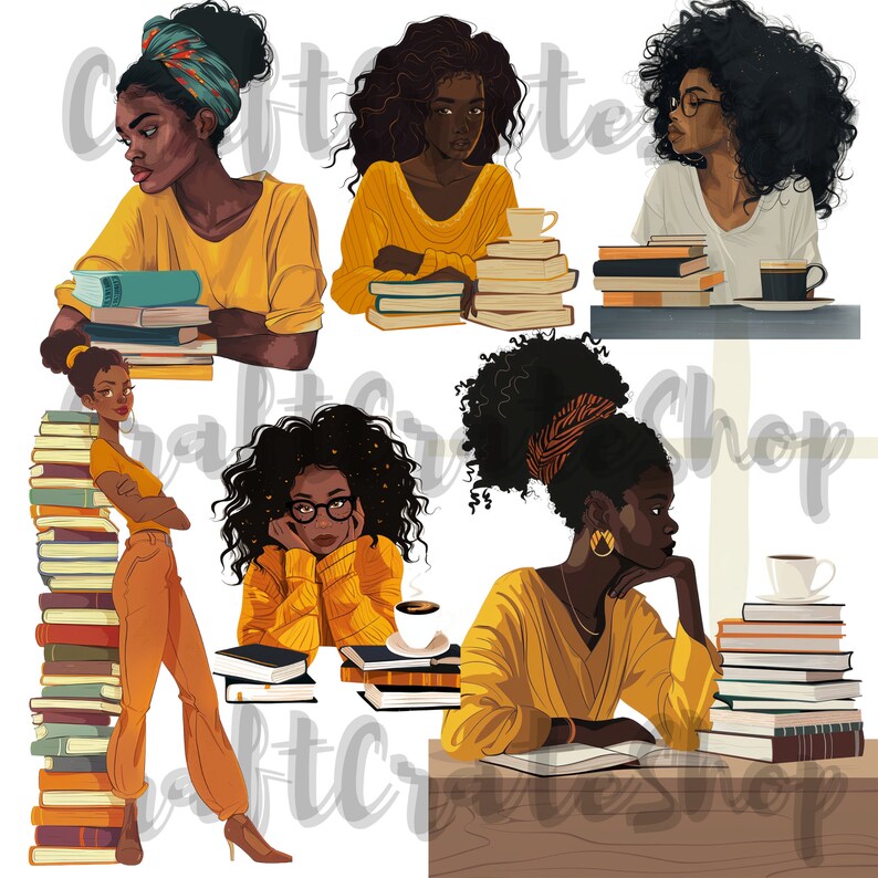 May include: Five illustrations of Black women reading books. Each woman is wearing a yellow top and has curly hair. Some of the women are holding cups of coffee or tea. The illustrations are set against a white background.