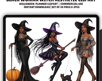 Black Woman Witch Clipart: Halloween Planner PNG Set (Digital Download)