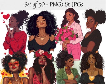 Black Women Clipart - Set of 30, Planner clipart, Self Love Clipart, Black girl clipart, Black Girl Magic, PNG for Sticker/Planner/Journals