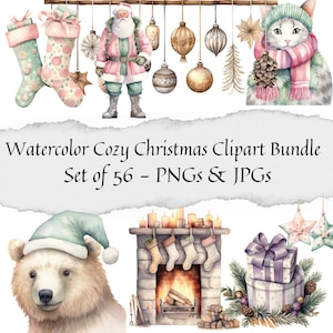 Watercolor Christmas Clipart Bundle - Set of 56, Cozy Christmas Clipart, Boho Christmas PNG, Ornaments Clipart, Christmas Wreath, Stocking