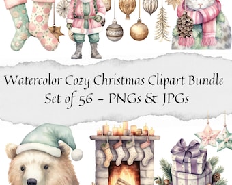 Watercolor Christmas Clipart Bundle - Set of 56, Cozy Christmas Clipart, Boho Christmas PNG, Ornaments Clipart, Christmas Wreath, Stocking