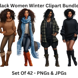 Black Girl Winter Fashion Doll Clipart- Set of 42, Black Girls Clipart, Winter fashion PNG, Black Women Clipart for Sticker/Planner/Print