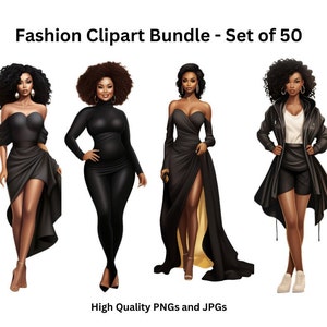 Black Girl Chic Fashion Doll Clipart - Set of 50,All black outfits, Black Women Clipart, PNG for Sticker/Planner/Print/POD