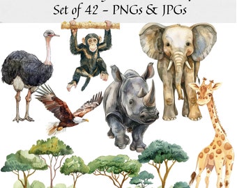 Watercolor Safari Animals Clipart - Set of 42, Animal Clipart, Safari Animals, Jungle Animals Clipart, Safari PNG, Cute animal clipart