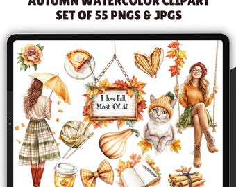 Watercolor Autumn Clipart Bundle | Fall Girls | Autumn mood clipart | Autumn Leaves | Autumnal Vibes | Commercial Use | September sticker