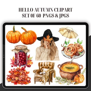 Bonjour automne Clipart - lot de 60, clipart automne confortable, automne Cottagecore, citrouille clipart, clipart automne rustique, clipart automne aquarelle